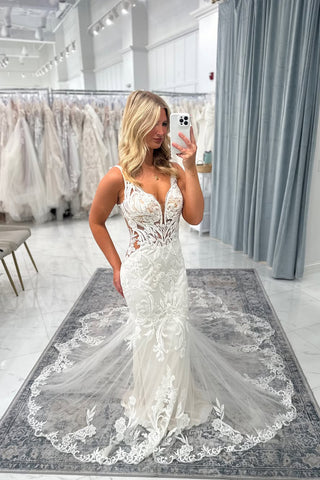 Elegant Mermaid V Neck Tulle Wedding Dress with Appliques AB25100104