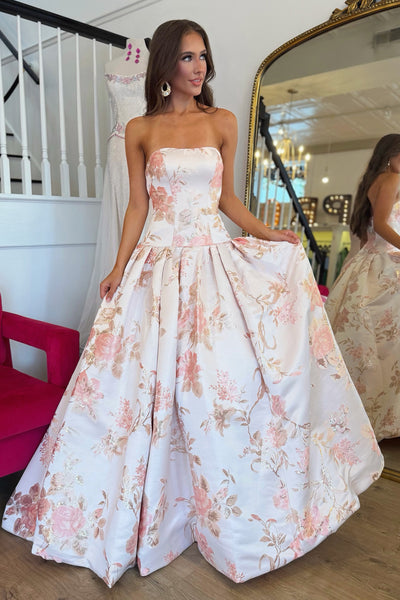 Ball Gown Strapless Jacquard Satin Prom Dress AB26102505