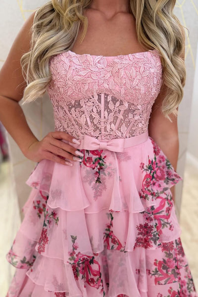 Cute A Lien Square Neck Floral Chiffon Prom Dress AB26031803