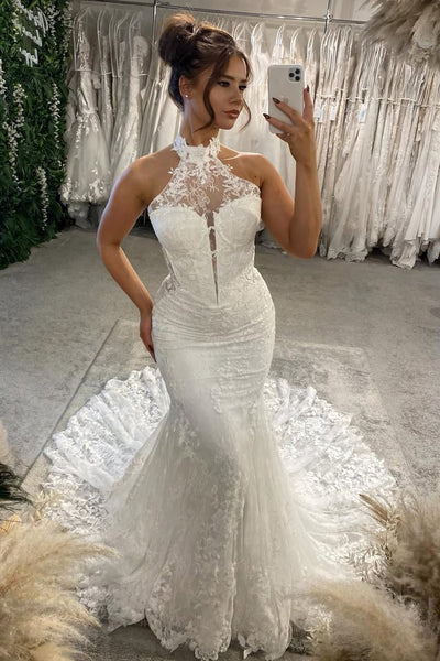 Charming Mermaid Halter Lace Beach Wedding Dress AB26010402