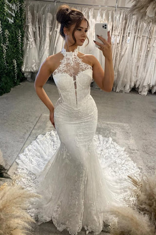 Charming Mermaid Halter Lace Beach Wedding Dress AB26010402  Anniebride