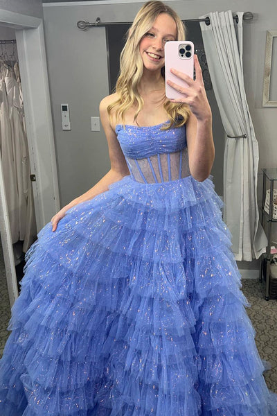 Cute Ball Gown Sweetheart Blue Sparkly Tulle Long Prom Dresses AB112104