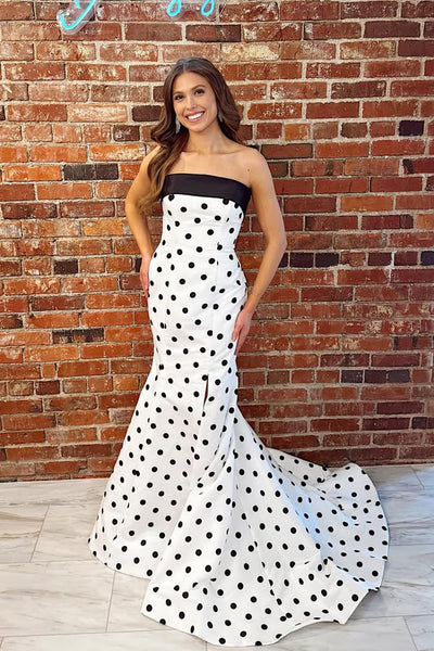 Mermaid Strapless White Black Dot Satin Long Prom Dress AB26022801