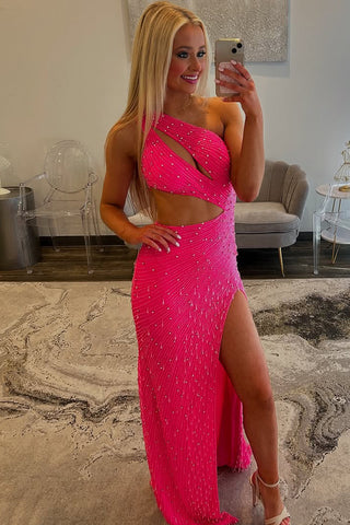 Mermaid One Shoulder Fuchsia Sequin Long Prom Dresses with Slit AB25031808