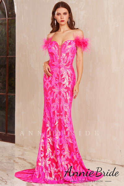 Cute Mermaid Off the Shoulder Hot Pink Sequins Long Prom Dresses AB122203