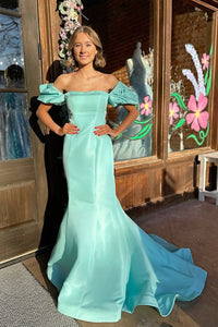 Cute Mermaid Off the Shoulder Mint Satin Prom Dress with Sleeves AB25010705