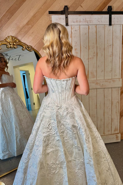 Cute A Line Scoop Neck White Jacquard Satin Long Prom Dress with Beading AB25102704