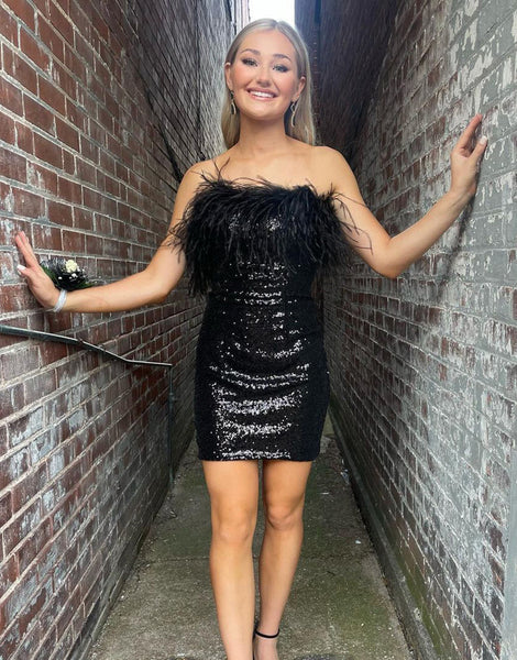 Cute Bodycon Strapless Sequins Homecoming Dresses with Feather AB071505