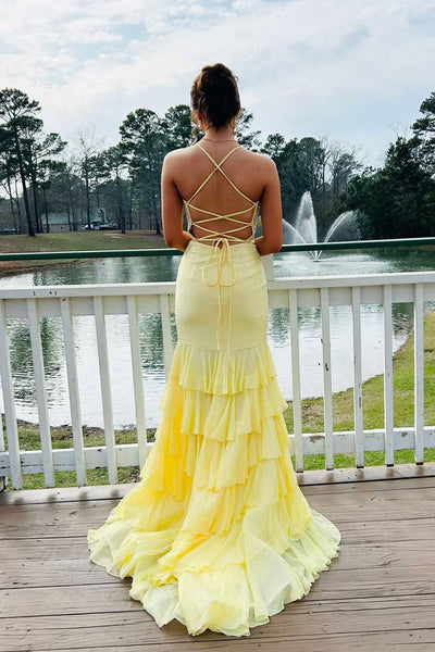 Sparkly Mermaid V Neck Daffodil Chiffon Tiered Prom Dress with Hot Fix AB26030509