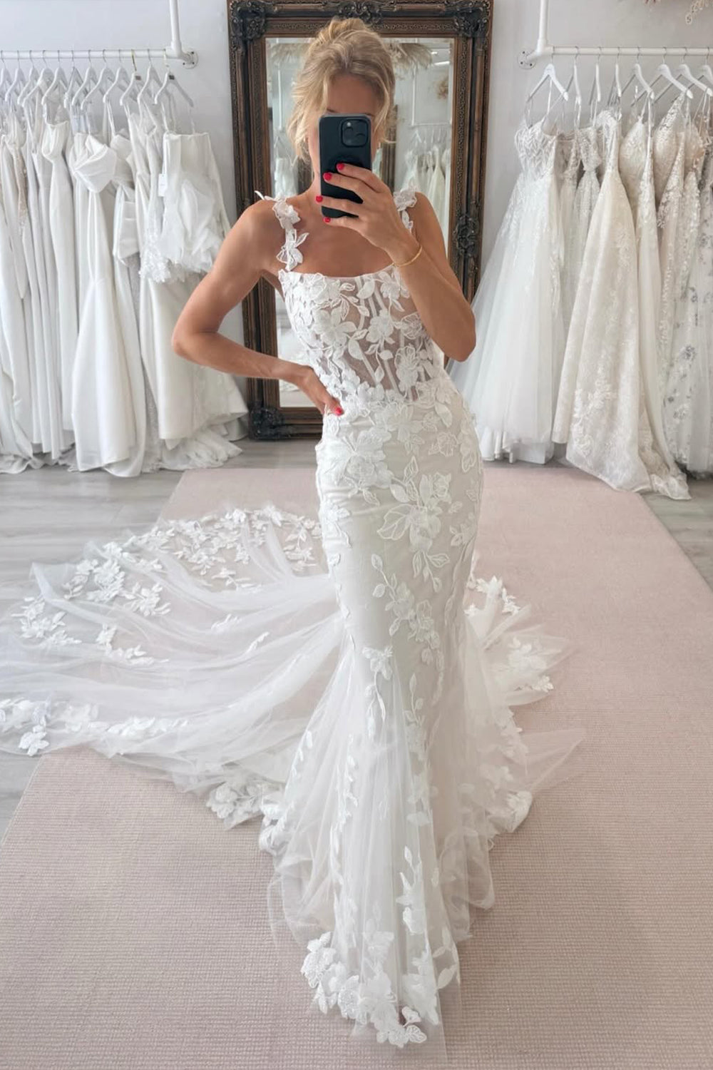 Elegant Mermaid Square Neck Lace Wedding Dress with Appliques AB25061501