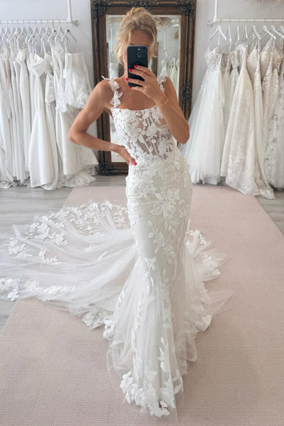 Elegant Mermaid Square Neck Lace Wedding Dress with Appliques AB25061501