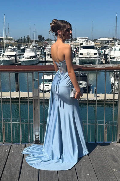 Charming Mermaid Sweetheart Blue Satin Prom Dress with Slit AB25121505