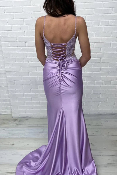 Elegant Mermaid V Neck Elastic Satin Light Purple Prom Dress with Appliques AB25010213