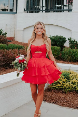 Cute A Line V Neck Keyhole Red Tiered Chiffon Homecoming Dress AB25100409