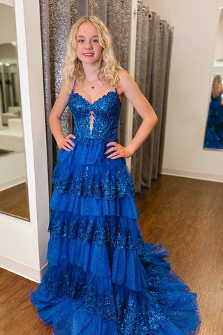Cute A Line V Neck Royal Blue Tiered Tulle Prom Dress with Appliques AB25021701