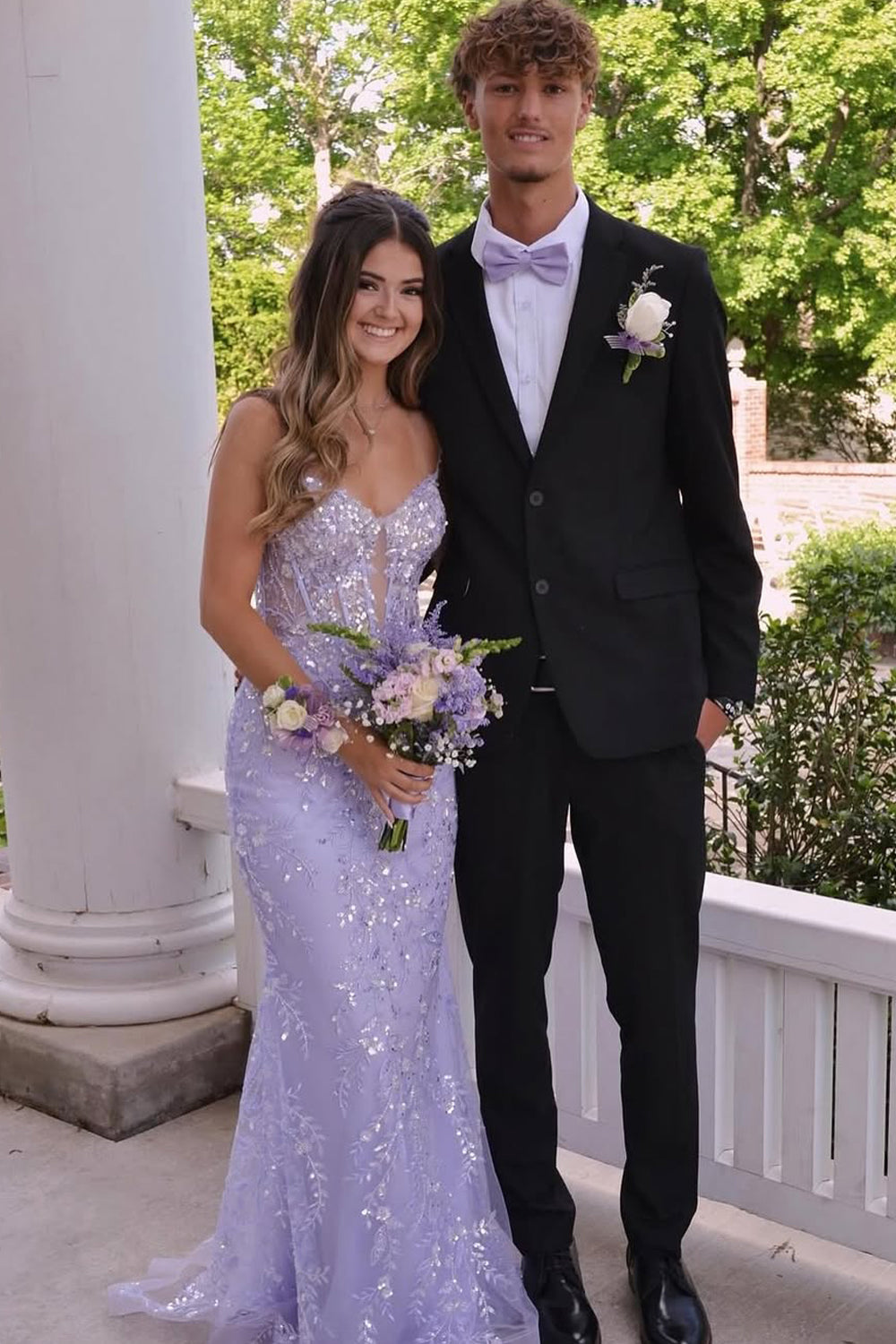 Cute Mermaid V Neck Lavender Sequins Lace Prom Dress AB0505302