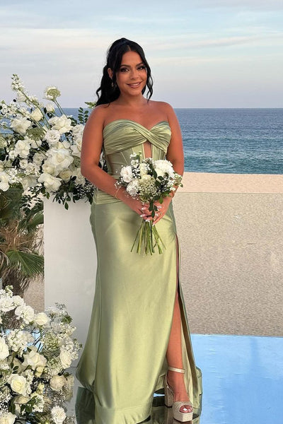 Charmign Mermaid Sweetheart Sage Green Long Bridesmaid Dresses with Slit AB24062706