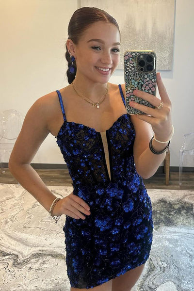 Cute Bodycon V Neck Royal Blue Sequins Short Homecoming Dresses AB24081701