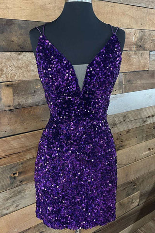 Cute Bodycon V Neck Purple Sequins Short Homecoming Dresses with Lace-up ABHC061849