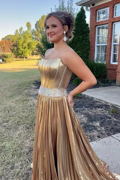 Charming A Line Scoop Neck Gold Satin Long Prom Dresses with Beading AB24101307