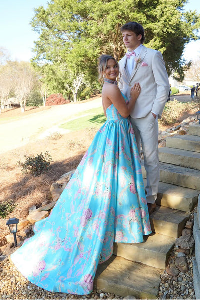 Cute A Line V Neck Floral Satin Long Prom Dress with Slit AB26040106