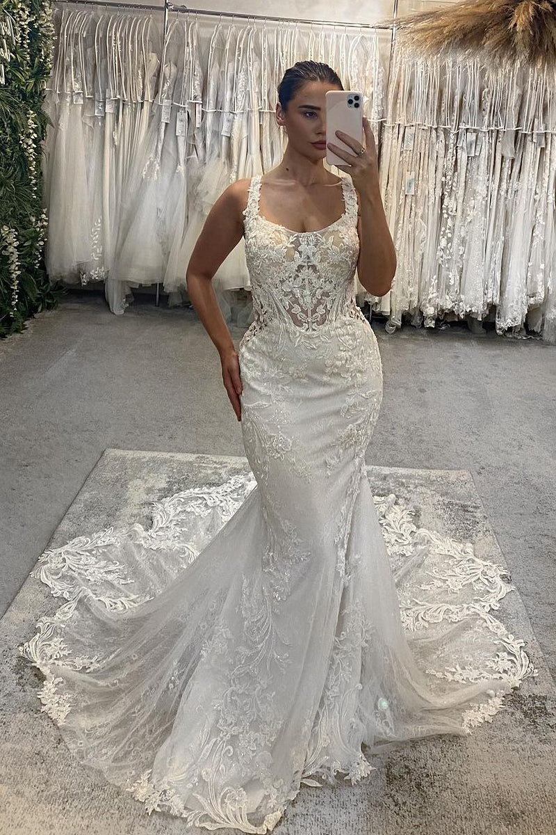 Charming Mermaid Square Neck Lace Long Wedding Dresses with Appliques AB082404