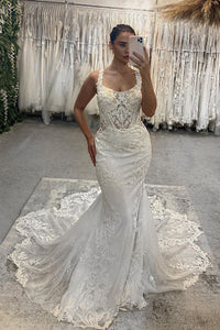 Charming Mermaid Square Neck Lace Long Wedding Dresses with Appliques AB082404