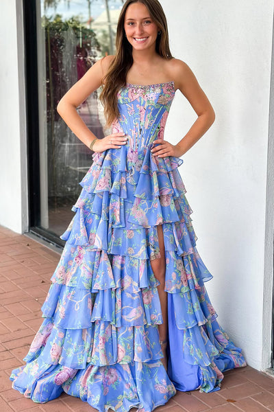 Fashion A Line Scoop Neck Floral Chiffon Prom Dress with Beading AB26011002