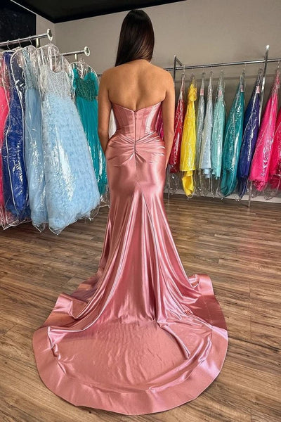 Cute Mermaid Strapless Fuchsia Satin Mermaid Prom Dress with Slit AB25010401