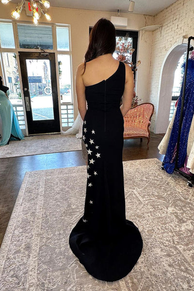 Charming Mermaid One Shoulder Black Satin Long Prom Dress with Slit AB112601