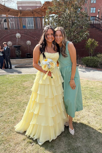 Cute A Line Strapless Daffodil Chiffon Tiered Long Prom Dress AB26032907