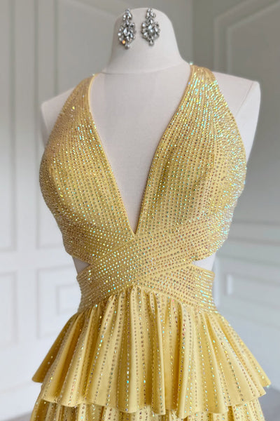Gorgeous A Line V Neck Yellow Hot-fix Rhinestones Prom Dress with Slit AB26041701