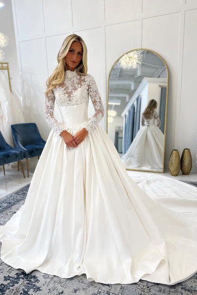 Elegant Ball Gown High Neck Satin Wedding Dress with Long Sleeves AB25112707