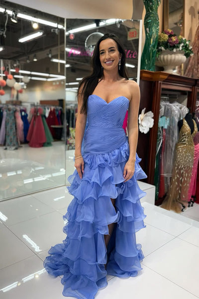 Sheath Sweetheart Blue Chiffon Tiered Prom Dress with Slit AB25092704