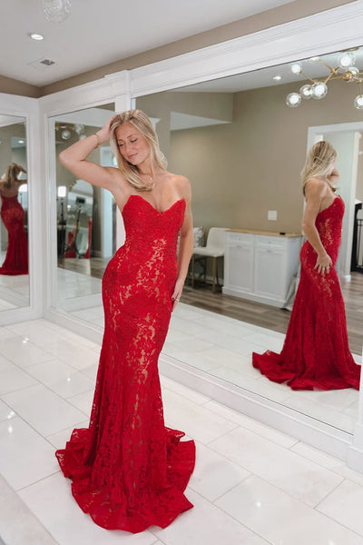 Charming Mermaid Sweetheart Neck Red Lace Long Prom Dress AB25100402