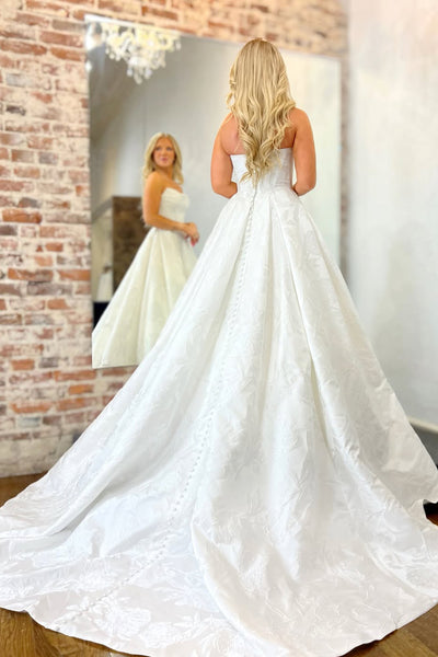 Elegant A Line Scoop Neck Jacquard Satin Wedding Dress with Pockets AB26012911