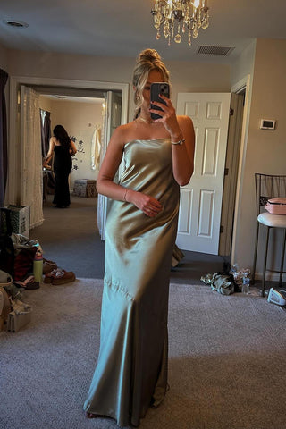 Chic Sheath Mermaid Strapless Sage Green Long Bridesmaid Dress BD25010201