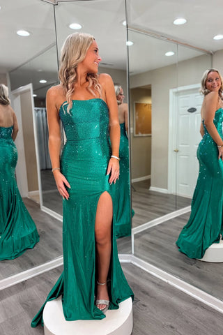 Sparkly Mermaid Strapless Green Satin Prom Dress with Hot Stone AB25112208