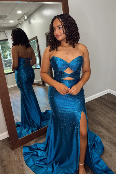 Charming Mermaid Sweetheart Neck Peacock Blue Prom Dress with Hot Stone AB25090808