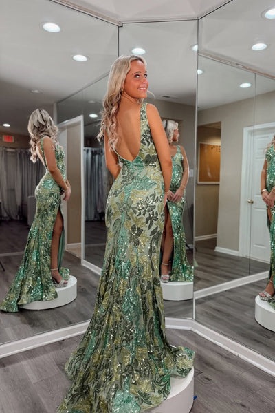Sparkly Mermaid V Neck Sage Green Sequin Lace Long Prom Dress with Slit AB25112506