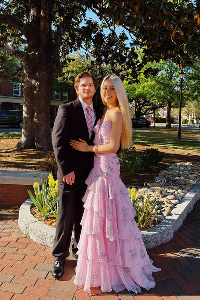 Sweet Mermaid Strapless Light Pink Floral Chiffon Prom Dress AB26040515