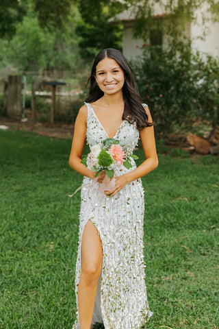 Gorgeous Mermaid V Neck White Champagne Sequins Long Prom Dresses AB25051107