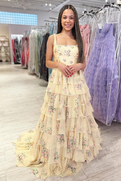 Cute A Line Square Neck Floral Chiffon Prom Dress with Beading AB26030508