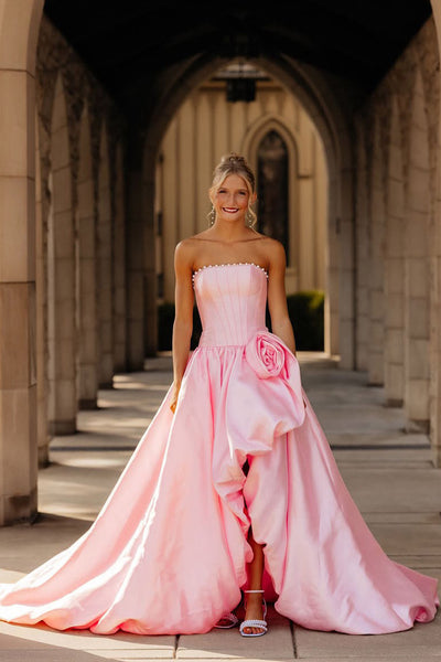 Gorgeous A Line Strapless Pink Satin Prom Dress with Slit AB26102506