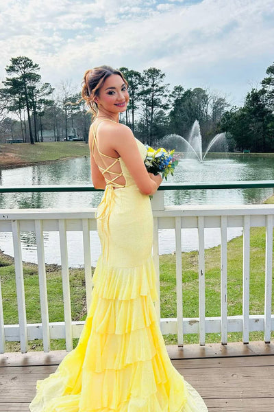 Sparkly Mermaid V Neck Daffodil Chiffon Tiered Prom Dress with Hot Fix AB26030509