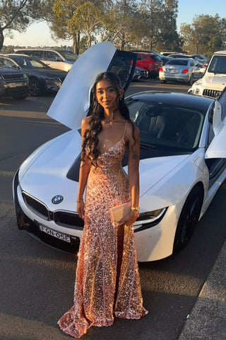 Charming Mermaid V Neck Blush Sequins Long Prom Dress with Slit AB24120313