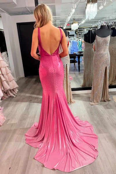 Sparkly Mermaid V Neck Stretch Satin Prom Dress with Hot Stone AB25112704