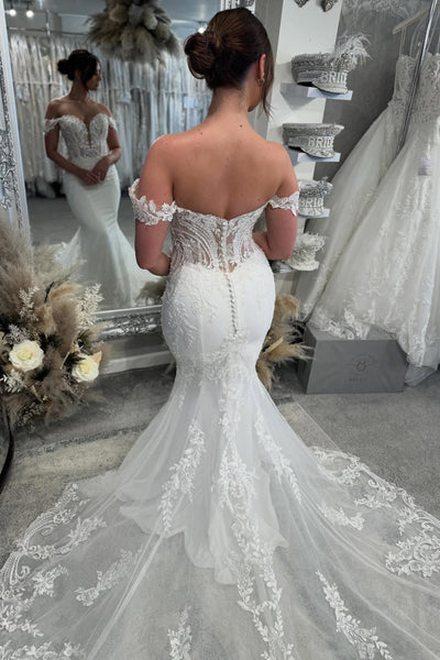 Gorgeous Off the Shoulder Mermaid Sequins Lace Wedding Dress with Appliques AB26022810