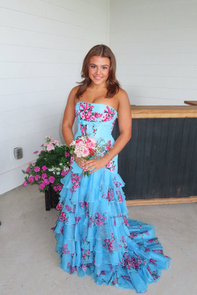 Fairy Sheath Strapless Blue Floral Chiffon Tiered Prom Dress with Slit AB26050702