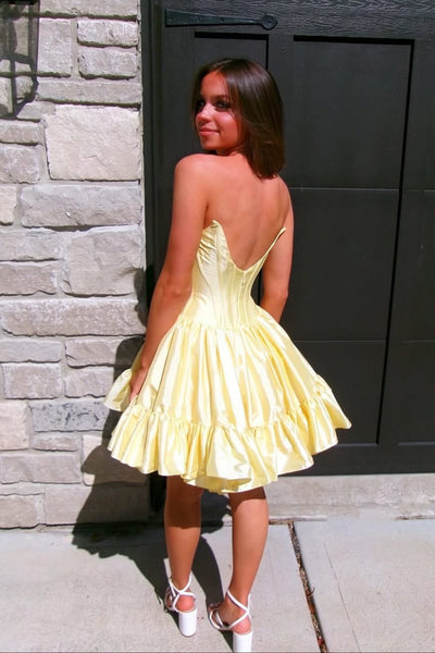 Cute A Line Scoop Neck Yellow Satin Short Homecoming Dress AB25101703